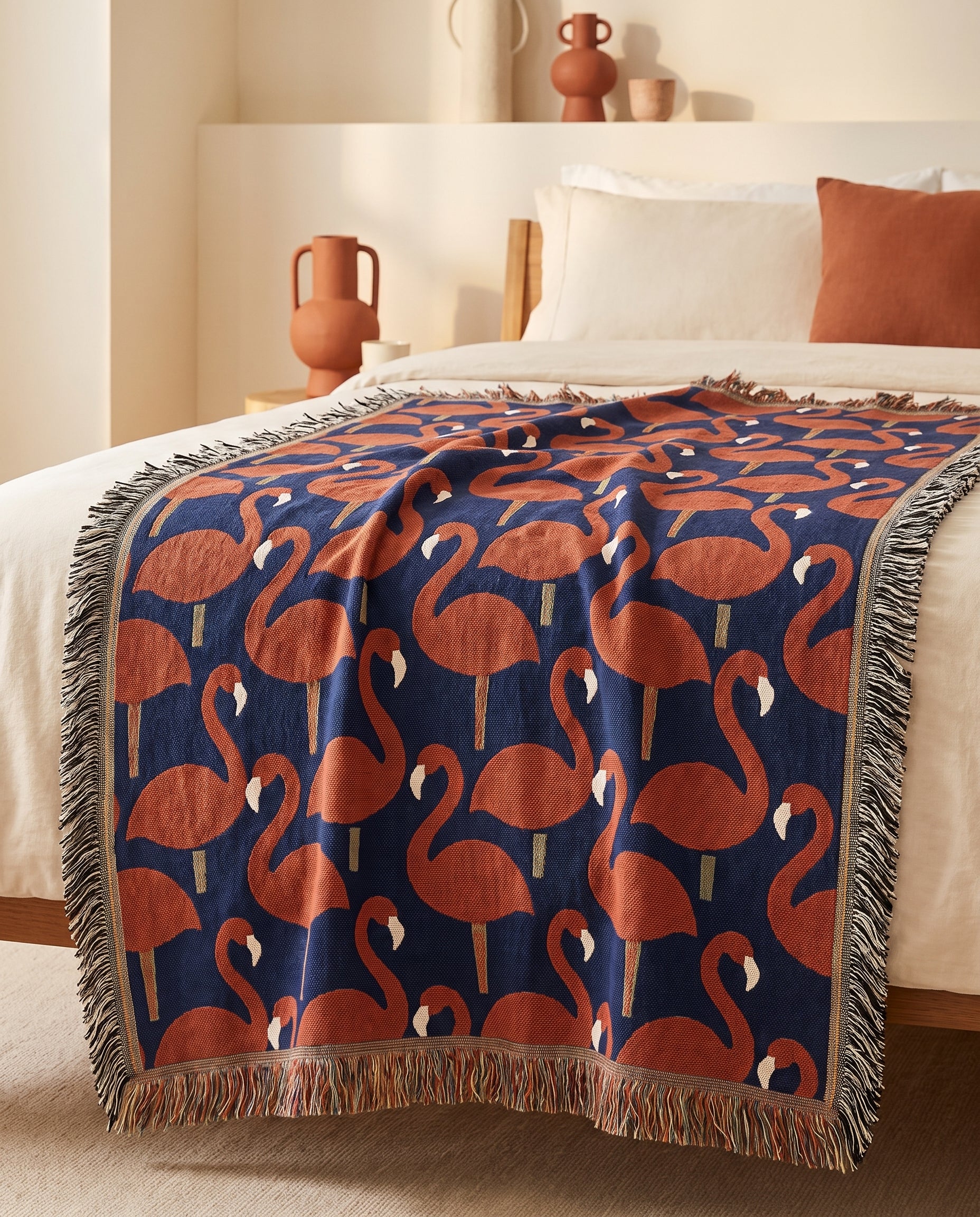 The Flamant throw, jacquard-woven cotton, on a bed