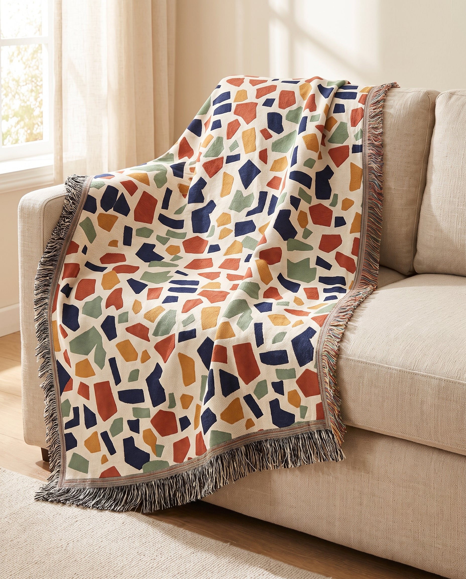 Terrazzo throw draped over a linen sofa