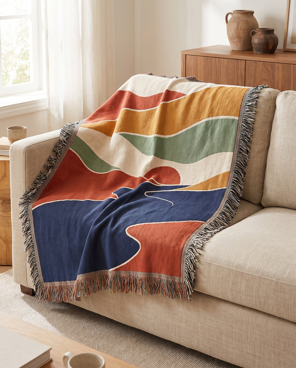 The Valley throw draped over a linen sofa